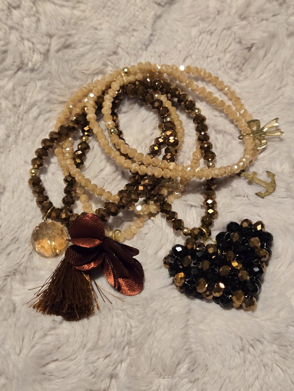 Gold and Brown Beaded Charm Bracelet Set Of 7
